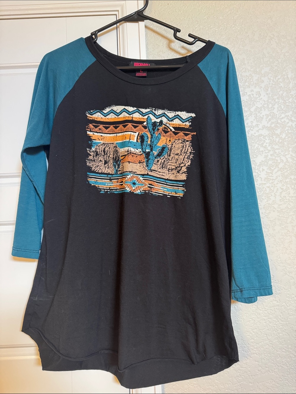 Rock & Roll denim Black & Teal Long Sleeve Graphic Tee